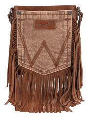 Wrangler WG44-8360LBR Womens Leather Fringe Jean Denim Pocket Crossbody Bag Brown front. If you need any assistance with this item or the purchase of this item please call us at five six one seven four eight eight eight zero one Monday through Saturday 10:00a.m EST to 8:00 p.m EST

