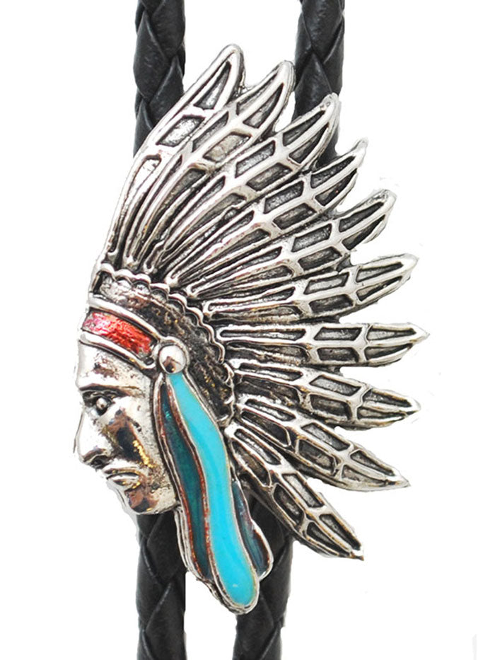 Western Express BT-978 Indian Chief Bolo Tie Silver front view. If you need any assistance with this item or the purchase of this item please call us at five six one seven four eight eight eight zero one Monday through Saturday 10:00a.m EST to 8:00 p.m EST