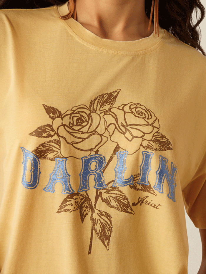 Ariat 10055129 Womens Darlin Rose T-Shirt Rattan Yellow front view. If you need any assistance with this item or the purchase of this item please call us at five six one seven four eight eight eight zero one Monday through Saturday 10:00a.m EST to 8:00 p.m EST