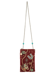 Mary Frances MINI S002-544 SADDLE UP Mini Crossbody Handbag Burgundy hanging. If you need any assistance with this item or the purchase of this item please call us at five six one seven four eight eight eight zero one Monday through Saturday 10:00a.m EST to 8:00 p.m EST
