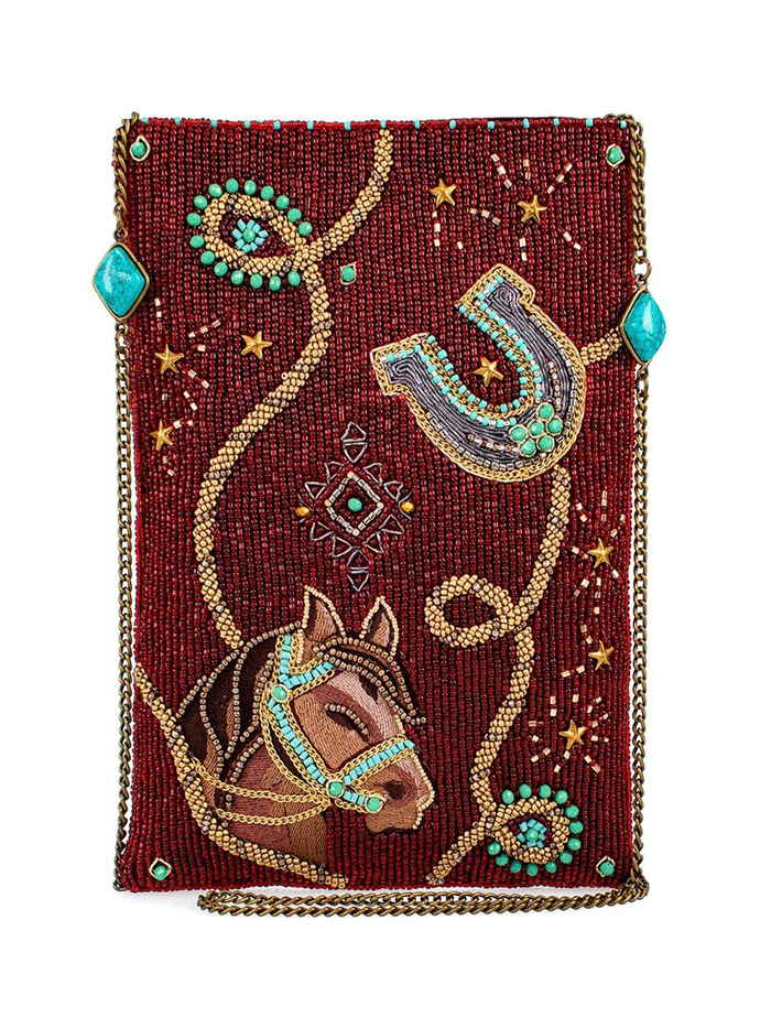 Mary Frances MINI S002-544 SADDLE UP Mini Crossbody Handbag Burgundy front view. If you need any assistance with this item or the purchase of this item please call us at five six one seven four eight eight eight zero one Monday through Saturday 10:00a.m EST to 8:00 p.m EST
