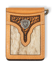 Ariat A3561948 Mens Calf Hair Basket Weave Bifold Money Clip Natural front view. If you need any assistance with this item or the purchase of this item please call us at five six one seven four eight eight eight zero one Monday through Saturday 10:00a.m EST to 8:00 p.m EST