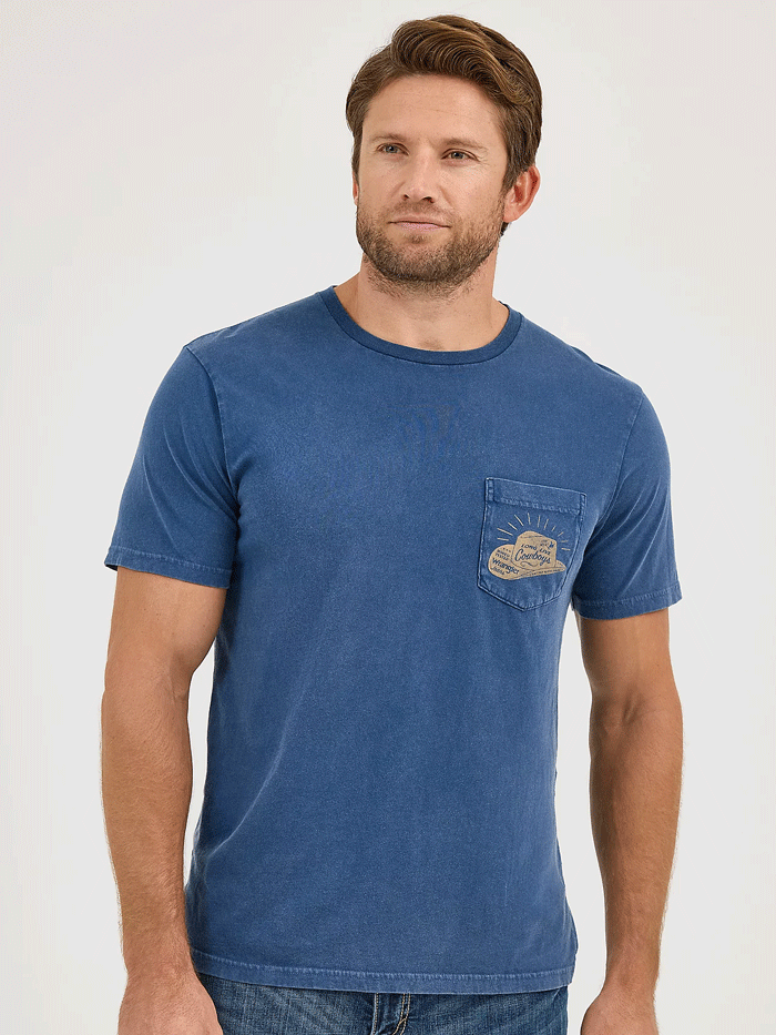 Wrangler 112358756 Mens Back Graphic Pocket T-Shirt Blue Wash back view