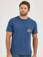 Wrangler 112358756 Mens Back Graphic Pocket T-Shirt Blue Wash front view