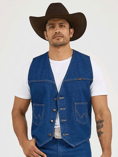 Wrangler 74130PW Mens Unlined Denim Western Vest Prewashed front view. If you need any assistance with this item or the purchase of this item please call us at five six one seven four eight eight eight zero one Monday through Saturday 10:00a.m EST to 8:00 p.m EST