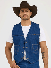 Wrangler 74130PW Mens Unlined Denim Western Vest Prewashed front view. If you need any assistance with this item or the purchase of this item please call us at five six one seven four eight eight eight zero one Monday through Saturday 10:00a.m EST to 8:00 p.m EST