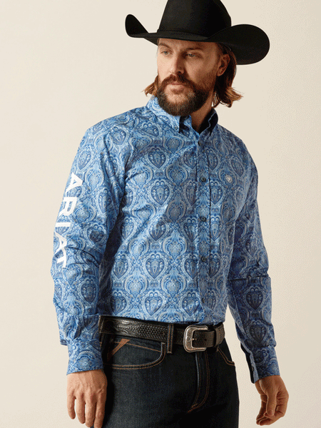 Ariat 10052627 Mens Team Kellan Fitted Shirt Blue front view. If you need any assistance with this item or the purchase of this item please call us at five six one seven four eight eight eight zero one Monday through Saturday 10:00a.m EST to 8:00 p.m EST