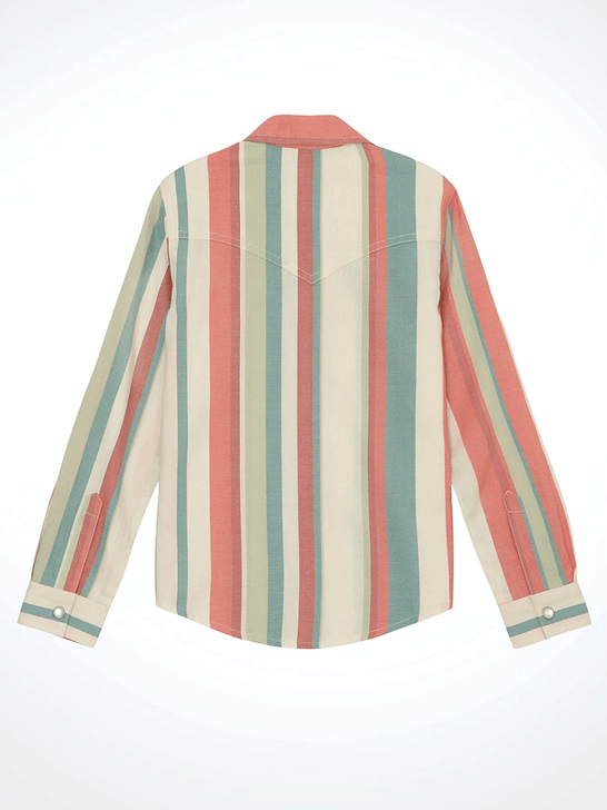 Wrangler 112359415 Girls Striped Western Snap Shirt Multicolor back view. If you need any assistance with this item or the purchase of this item please call us at five six one seven four eight eight eight zero one Monday through Saturday 10:00a.m EST to 8:00 p.m EST