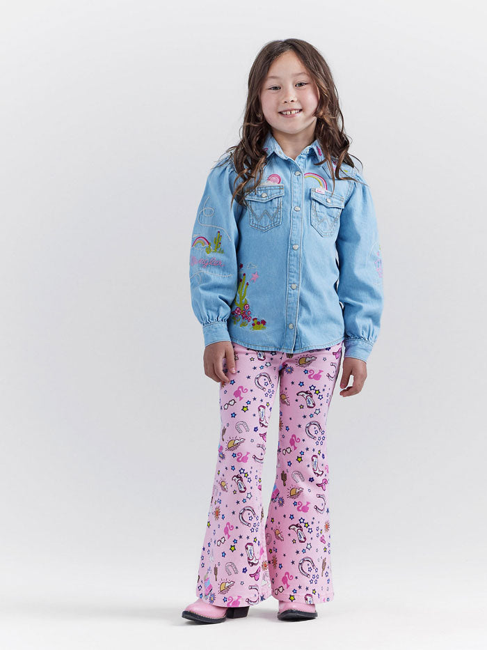 Wrangler 112344859 Girls BARBIE Trumpet Flare Jean Pinnacle Pink front view. If you need any assistance with this item or the purchase of this item please call us at five six one seven four eight eight eight zero one Monday through Saturday 10:00a.m EST to 8:00 p.m EST