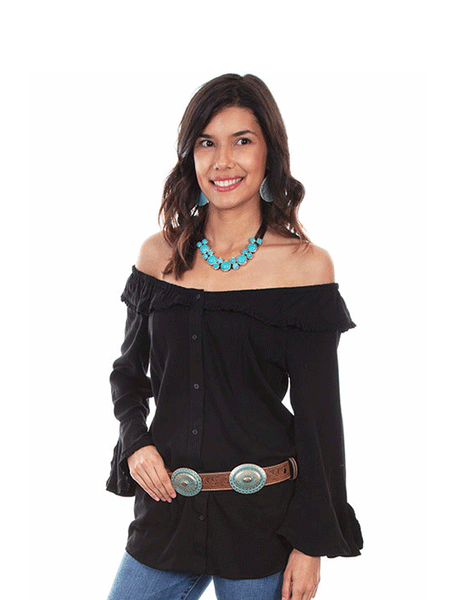 Scully HC579-BLK Womens Off The Shoulder Top Black front view with waist not tied. If you need any assistance with this item or the purchase of this item please call us at five six one seven four eight eight eight zero one Monday through Saturday 10:00a.m EST to 8:00 p.m EST
