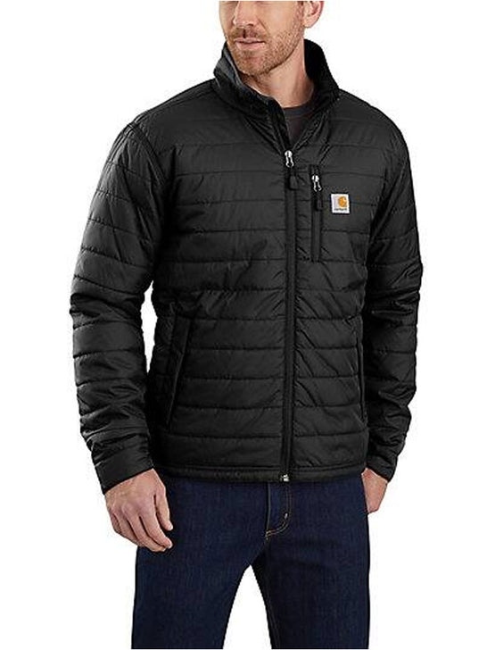 Carhartt 102208-001 Mens Rain Defender Insulated Lightweight Jacket Black front view. If you need any assistance with this item or the purchase of this item please call us at five six one seven four eight eight eight zero one Monday through Saturday 10:00a.m EST to 8:00 p.m EST