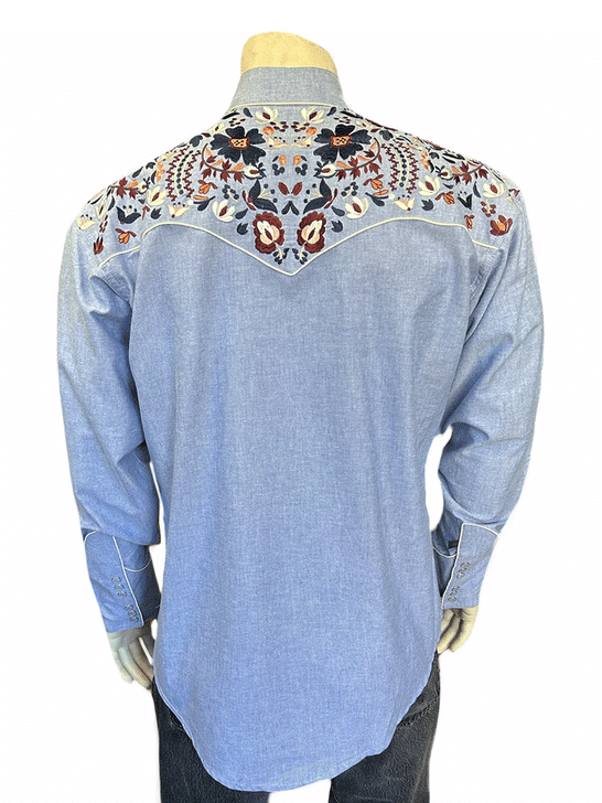 Rockmount 6709-BLU Mens Vintage Floral Embroidery Western Shirt Blue back view. If you need any assistance with this item or the purchase of this item please call us at five six one seven four eight eight eight zero one Monday through Saturday 10:00a.m EST to 8:00 p.m EST