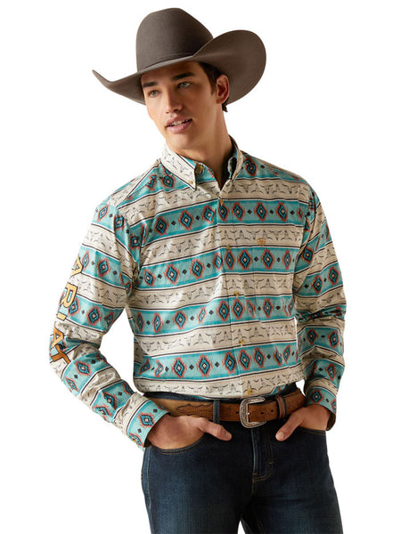 Ariat 10047347 Mens Team Cruz Fitted Shirt Sandshell  Teal front view. If you need any assistance with this item or the purchase of this item please call us at five six one seven four eight eight eight zero one Monday through Saturday 10:00a.m EST to 8:00 p.m EST