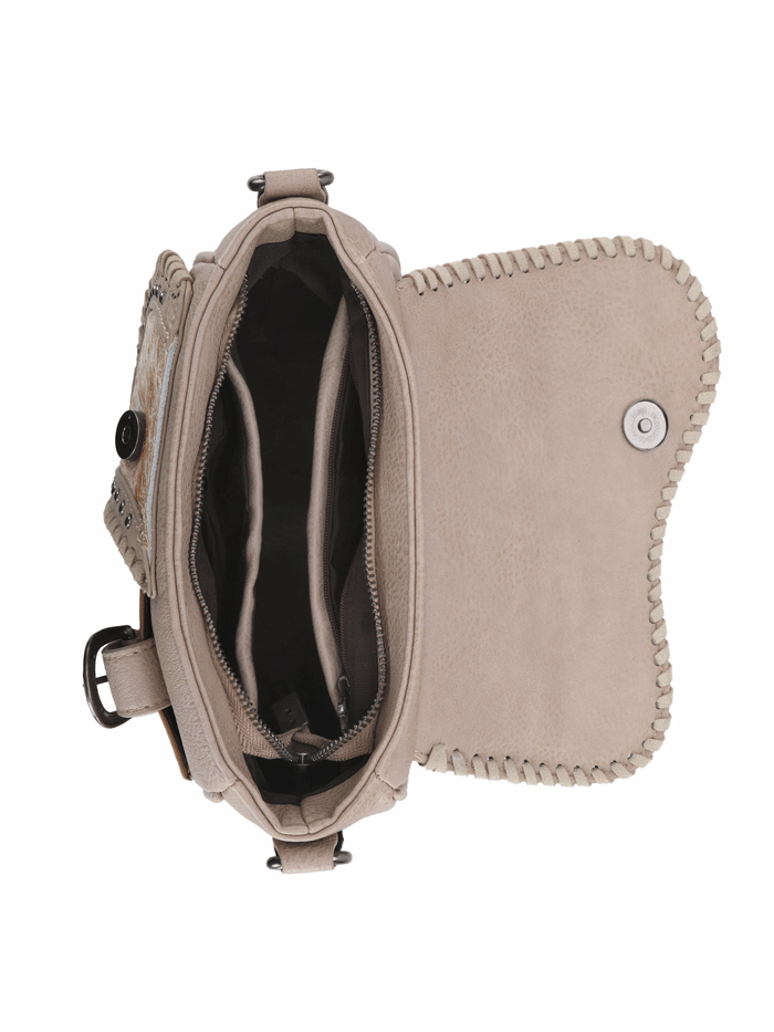 Trinity Ranch TR149-8360TN Womens Hair-On Cowhide Saddle Shape Crossbody Satchel Tan front. If you need any assistance with this item or the purchase of this item please call us at five six one seven four eight eight eight zero one Monday through Saturday 10:00a.m EST to 8:00 p.m EST