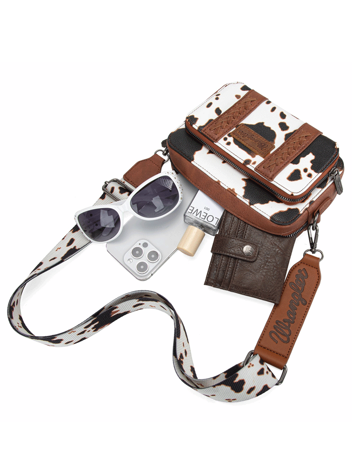 Wrangler WG133-3003BR Womens Cow Print Crossbody Purse With Wallet Compartment Brown front. If you need any assistance with this item or the purchase of this item please call us at five six one seven four eight eight eight zero one Monday through Saturday 10:00a.m EST to 8:00 p.m EST

