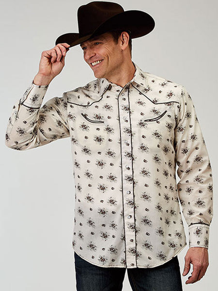 Roper 01-001-0086-0352 Mens Long Sleeve Western Shirt Cream front view. If you need any assistance with this item or the purchase of this item please call us at five six one seven four eight eight eight zero one Monday through Saturday 10:00a.m EST to 8:00 p.m EST