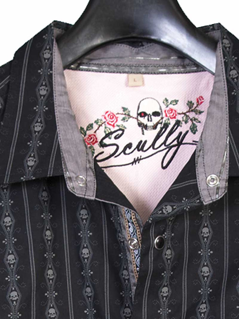 Scully PS-093-BLK Mens Skull Stripe Western Shirt Black front view. If you need any assistance with this item or the purchase of this item please call us at five six one seven four eight eight eight zero one Monday through Saturday 10:00a.m EST to 8:00 p.m EST