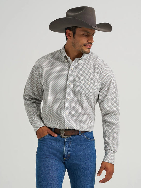 Wrangler 112368201 Mens George Strait Collection Button Down Western Shirt Coffee Net front view. If you need any assistance with this item or the purchase of this item please call us at five six one seven four eight eight eight zero one Monday through Saturday 10:00a.m EST to 8:00 p.m EST