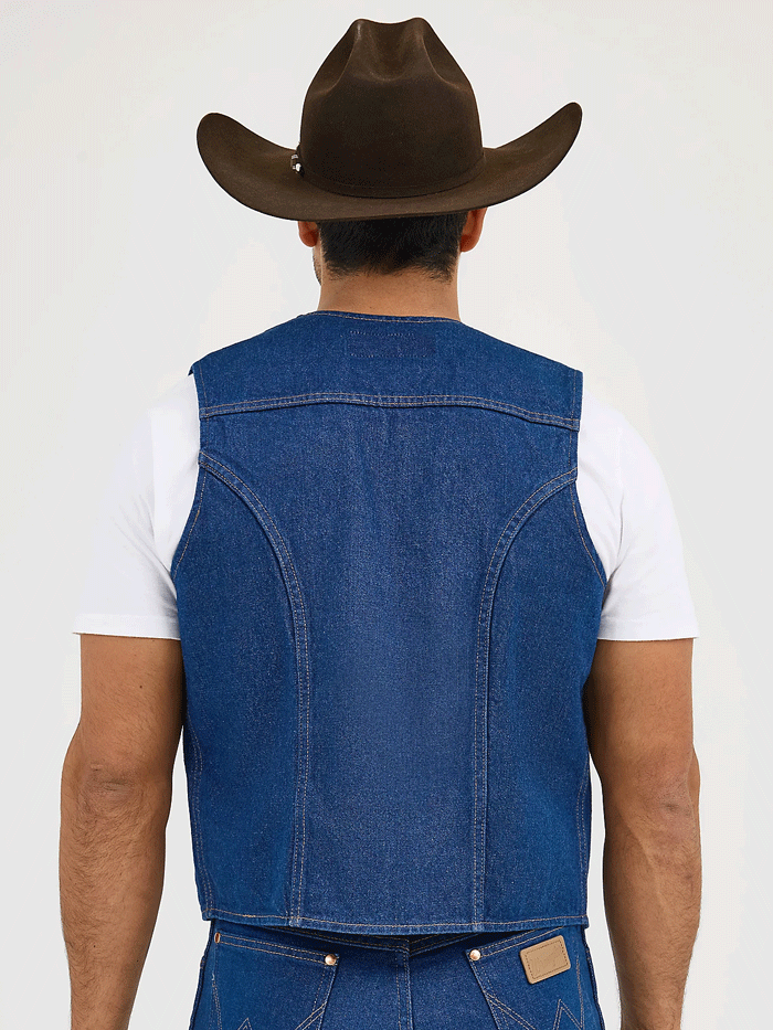 Wrangler 74130PW Mens Unlined Denim Western Vest Prewashed front view. If you need any assistance with this item or the purchase of this item please call us at five six one seven four eight eight eight zero one Monday through Saturday 10:00a.m EST to 8:00 p.m EST