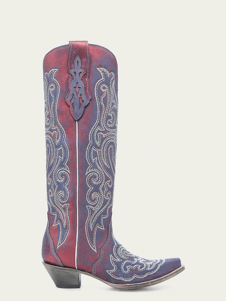 Corral A4772 Ladies Chameleon Effect Embroidery And Crystals Tall Boot Blue And Red side view. If you need any assistance with this item or the purchase of this item please call us at five six one seven four eight eight eight zero one Monday through Saturday 10:00a.m EST to 8:00 p.m EST