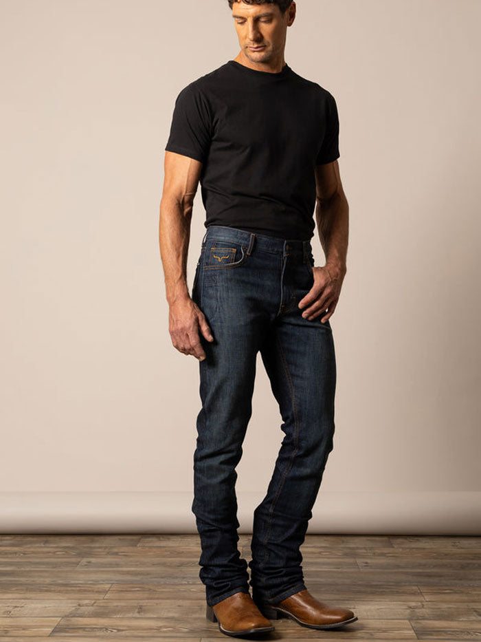 Kimes Ranch ROGER Mens Boot Cut Jeans Navy Blue side / front view. If you need any assistance with this item or the purchase of this item please call us at five six one seven four eight eight eight zero one Monday through Saturday 10:00a.m EST to 8:00 p.m EST