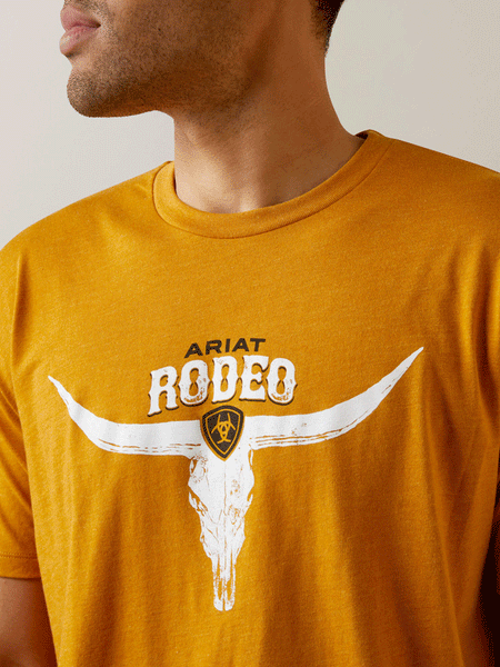 Ariat 10045280 Mens Rodeo Skull T-Shirt Buckhorn Heather close up view of front graphic. If you need any assistance with this item or the purchase of this item please call us at five six one seven four eight eight eight zero one Monday through Saturday 10:00a.m EST to 8:00 p.m EST