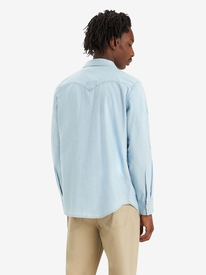 Levis 857450155 Mens Classic Standard Fit Western Shirt Light Wash Blue front view. If you need any assistance with this item or the purchase of this item please call us at five six one seven four eight eight eight zero one Monday through Saturday 10:00a.m EST to 8:00 p.m EST