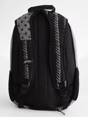 Hooey BP042GYBK Rockstar Flag Backpack Black And Grey back view. If you need any assistance with this item or the purchase of this item please call us at five six one seven four eight eight eight zero one Monday through Saturday 10:00a.m EST to 8:00 p.m EST