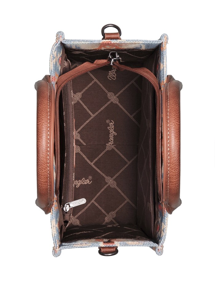 Wrangler WG2202-8120SBR Womens Southwestern Print Small Canvas Crossbody Tote Brown Light Blue front view. If you need any assistance with this item or the purchase of this item please call us at five six one seven four eight eight eight zero one Monday through Saturday 10:00a.m EST to 8:00 p.m EST

