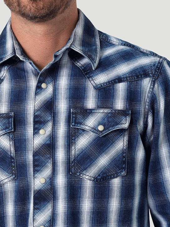 Wrangler 112330787 Mens Retro Premium Long Sleeve Plaid Shirt Indigo close up view of pocket and collar. If you need any assistance with this item or the purchase of this item please call us at five six one seven four eight eight eight zero one Monday through Saturday 10:00a.m EST to 8:00 p.m EST