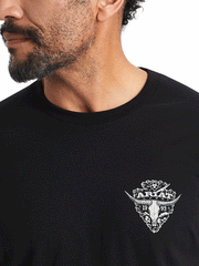Ariat 10042635 Mens Arrowhead 2.0 T-Shirt Black front close up view. If you need any assistance with this item or the purchase of this item please call us at five six one seven four eight eight eight zero one Monday through Saturday 10:00a.m EST to 8:00 p.m EST