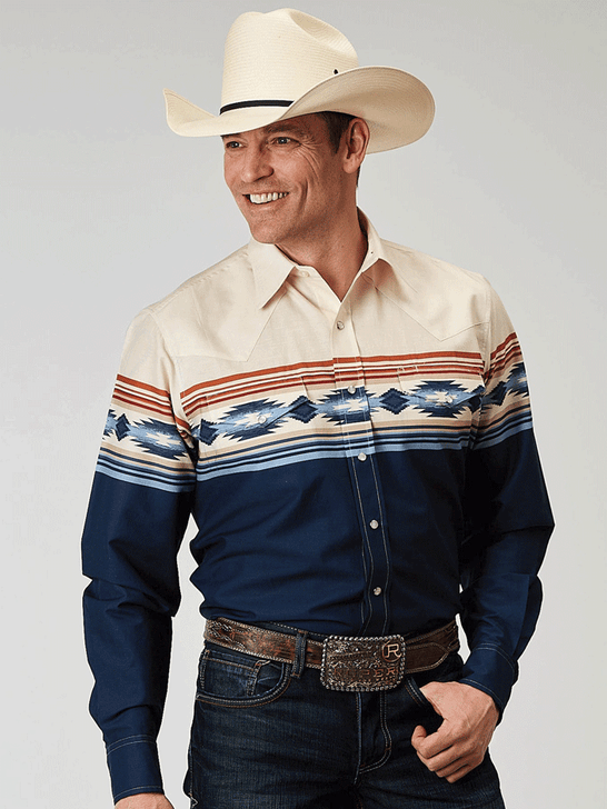 Roper 03-001-0431-0307 Mens Aztec Border Print Long Sleeve Shirt Blue front view. If you need any assistance with this item or the purchase of this item please call us at five six one seven four eight eight eight zero one Monday through Saturday 10:00a.m EST to 8:00 p.m EST
