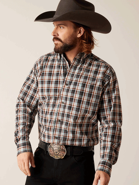 Ariat 10047388 Mens Pro Series Nathanael Classic Fit Plaid Shirt Brown front view. If you need any assistance with this item or the purchase of this item please call us at five six one seven four eight eight eight zero one Monday through Saturday 10:00a.m EST to 8:00 p.m EST