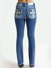 Miss Me M9352SBV Womens Cross Mid Rise Slim Boot Jean Medium Blue full back view. If you need any assistance with this item or the purchase of this item please call us at five six one seven four eight eight eight zero one Monday through Saturday 10:00a.m EST to 8:00 p.m EST
