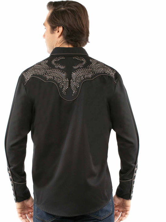 Scully P-930 Mens Embroidered Yokes Western Shirt Black back view. If you need any assistance with this item or the purchase of this item please call us at five six one seven four eight eight eight zero one Monday through Saturday 10:00a.m EST to 8:00 p.m EST