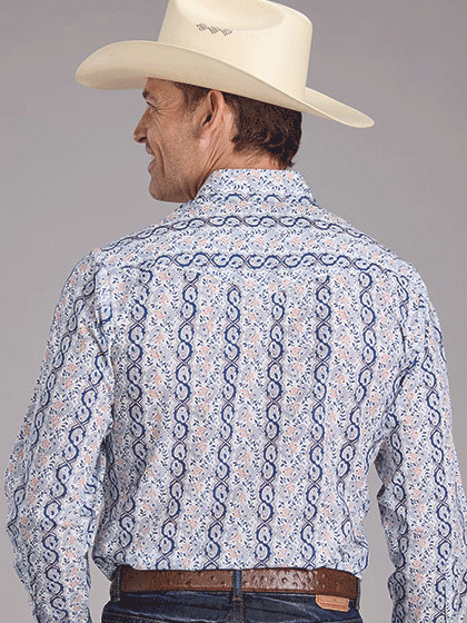 Roper 01-001-0019-0355 Mens Paisley Trellis Print Western Shirt Blue front view. If you need any assistance with this item or the purchase of this item please call us at five six one seven four eight eight eight zero one Monday through Saturday 10:00a.m EST to 8:00 p.m EST