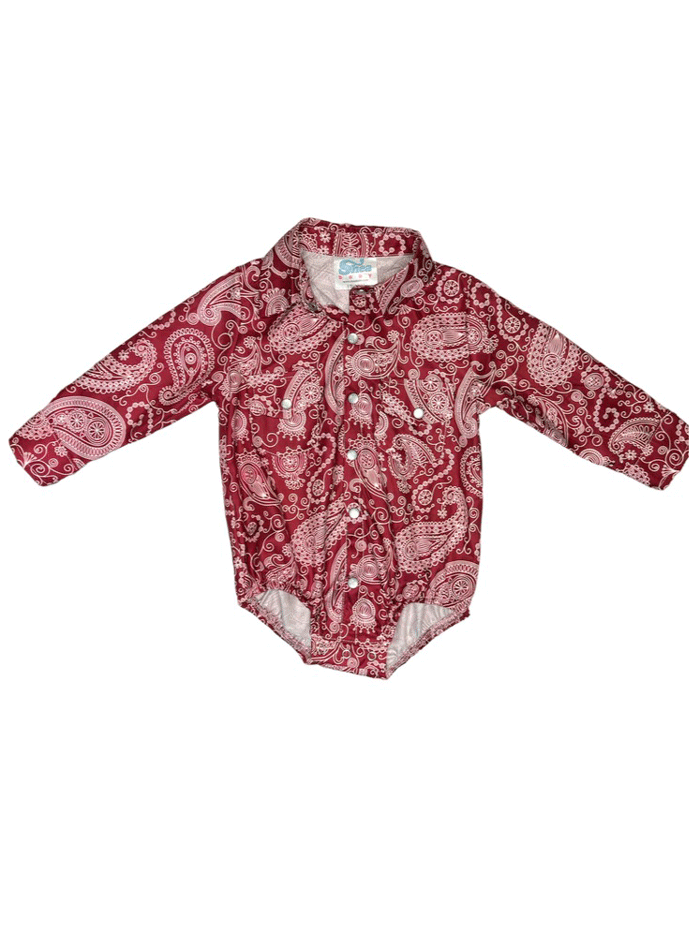 Shea Baby SNAP16 Kids Long Sleeve Western Onesie Shirt Maroon front view. If you need any assistance with this item or the purchase of this item please call us at five six one seven four eight eight eight zero one Monday through Saturday 10:00a.m EST to 8:00 p.m EST
