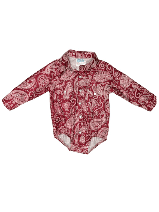 Shea Baby SNAP16 Kids Long Sleeve Western Onesie Maroon Front view. If you need any assistance with this item or the purchase of this item please call us at five six one seven four eight eight eight zero one Monday through Saturday 10:00a.m EST to 8:00 p.m EST
