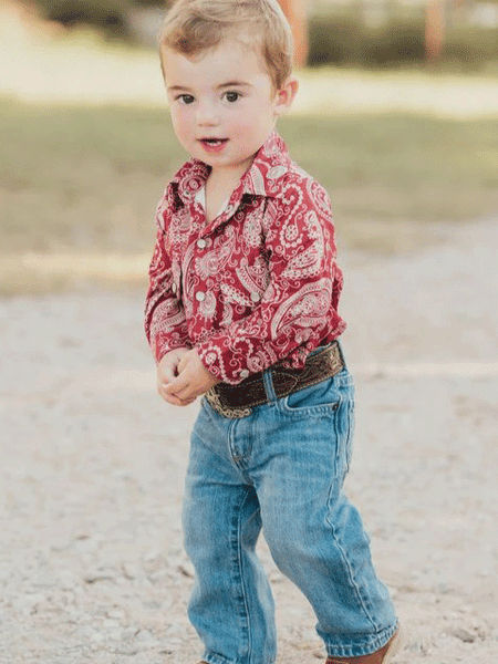 Shea Baby SNAP16 Kids Long Sleeve Western Onesie Shirt Maroon front view. If you need any assistance with this item or the purchase of this item please call us at five six one seven four eight eight eight zero one Monday through Saturday 10:00a.m EST to 8:00 p.m EST