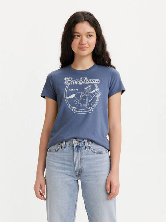 Levis 173692537 Womens Perfect T-Shirt Vintage Indigo Blue front view. If you need any assistance with this item or the purchase of this item please call us at five six one seven four eight eight eight zero one Monday through Saturday 10:00a.m EST to 8:00 p.m EST