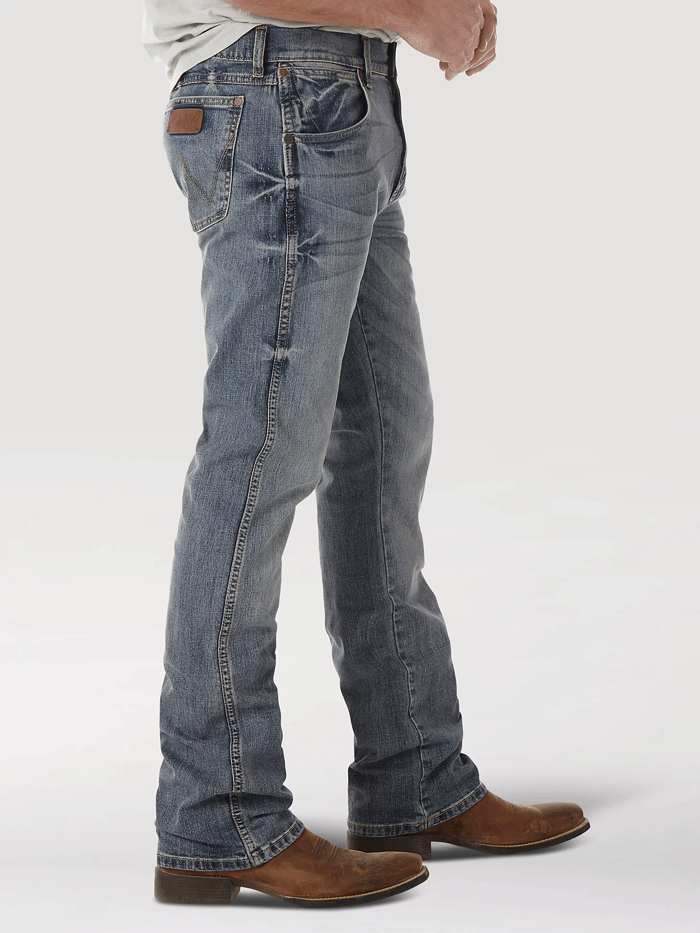 Wrangler 77MWZGL Mens Retro Slim Bootcut Jeans Greeley front view. If you need any assistance with this item or the purchase of this item please call us at five six one seven four eight eight eight zero one Monday through Saturday 10:00a.m EST to 8:00 p.m EST