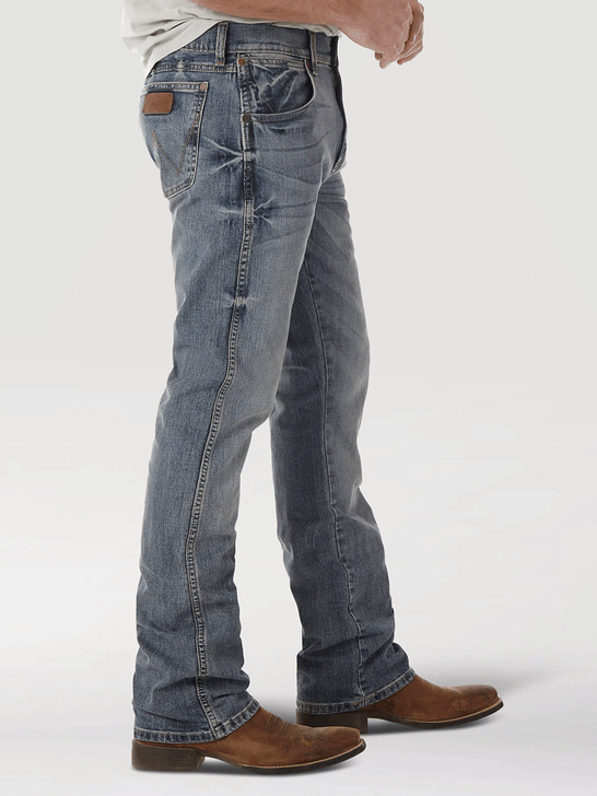 Wrangler 77MWZGL Mens Retro Slim Bootcut Jeans Greeley side view. If you need any assistance with this item or the purchase of this item please call us at five six one seven four eight eight eight zero one Monday through Saturday 10:00a.m EST to 8:00 p.m EST