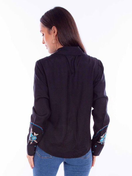 Scully HC870-BLK Womens Floral Embroidery Blouse Black back view. If you need any assistance with this item or the purchase of this item please call us at five six one seven four eight eight eight zero one Monday through Saturday 10:00a.m EST to 8:00 p.m EST