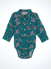 Wrangler 112356569 Infants Long Sleeve Western Bodysuit Green front. If you need any assistance with this item or the purchase of this item please call us at five six one seven four eight eight eight zero one Monday through Saturday 10:00a.m EST to 8:00 p.m EST

