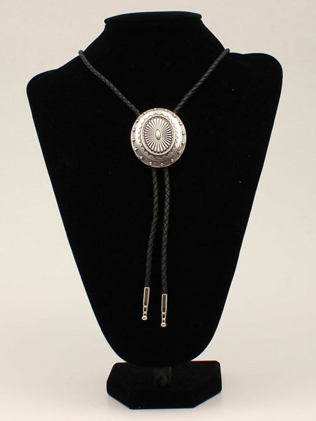 Double S 22230 Oval Concho Western Bolo Tie Silver front view. If you need any assistance with this item or the purchase of this item please call us at five six one seven four eight eight eight zero one Monday through Saturday 10:00a.m EST to 8:00 p.m EST 