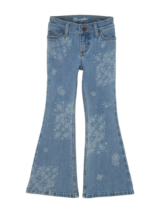 Wrangler 112361274 Girls Western Flare Slim Jean Light Blue front view. If you need any assistance with this item or the purchase of this item please call us at five six one seven four eight eight eight zero one Monday through Saturday 10:00a.m EST to 8:00 p.m EST