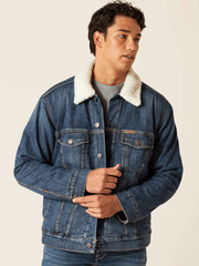 Ariat 10047438 Mens Sherpa Lined Trucker Jacket Blue Rock Denim front. If you need any assistance with this item or the purchase of this item please call us at five six one seven four eight eight eight zero one Monday through Saturday 10:00a.m EST to 8:00 p.m EST