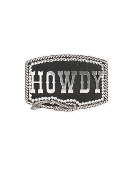 Blazin Roxx 37926 Rectangle Rope Edge Crystal Howdy Buckle Black And Silver front. If you need any assistance with this item or the purchase of this item please call us at five six one seven four eight eight eight zero one Monday through Saturday 10:00a.m EST to 8:00 p.m EST