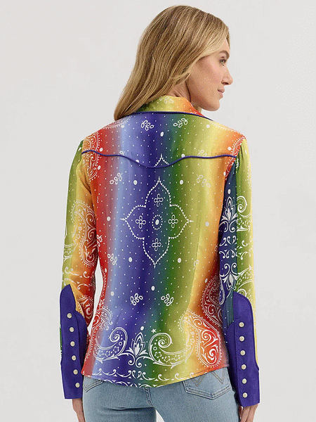 Wrangler 112360593 Womens X Lainey Wilson Rainbow Bandana Western Snap Shirt Multicolor back view. If you need any assistance with this item or the purchase of this item please call us at five six one seven four eight eight eight zero one Monday through Saturday 10:00a.m EST to 8:00 p.m EST