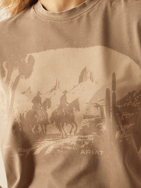 Ariat 10055131 Womens Western Mural T-Shirt Washed Greige front close up view. If you need any assistance with this item or the purchase of this item please call us at five six one seven four eight eight eight zero one Monday through Saturday 10:00a.m EST to 8:00 p.m EST